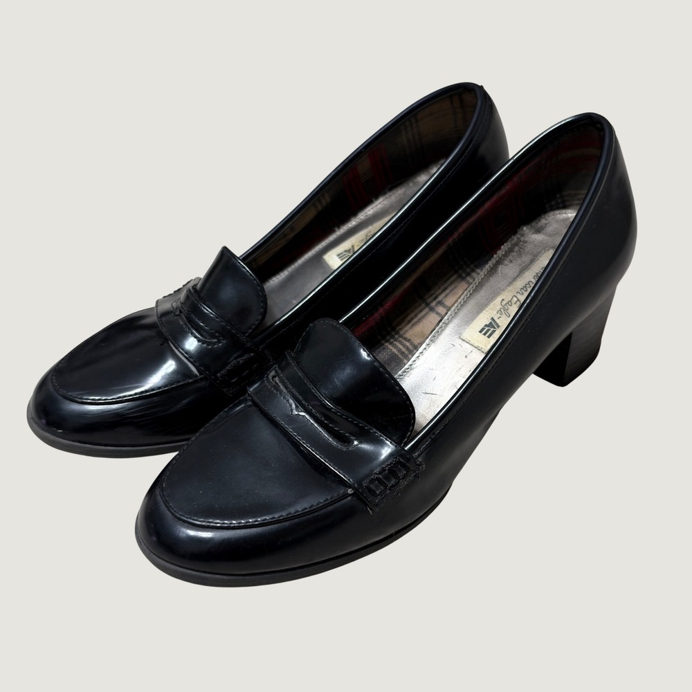 Y2K Heeled Penny Loafers Black Patent Leather Block Heel Shoes 8 Twee Preppy Mod